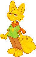 A pixel doll showing a stylized anthro yellow fox, bouncing in place.