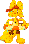 A pixel doll of a stylized anthro yellow fox, dressed as a ship's boy. They have a life buoy around their waist, and are dripping water.